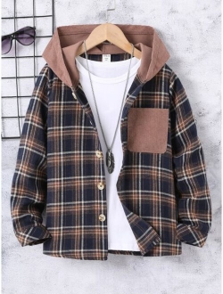 Boys Plaid Patched Pocket Hooded Jacket Without Tee