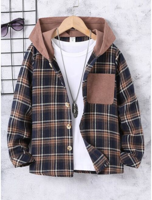 Shein Boys Plaid Patched Pocket Hooded Jacket Without Tee