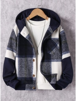 Boys Plaid Patched Pocket Hooded Jacket Without Tee