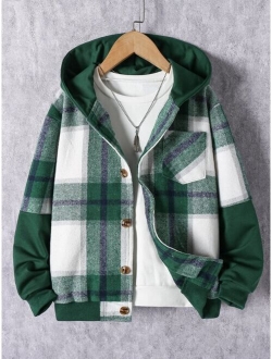 Boys Plaid Patched Pocket Hooded Jacket Without Tee