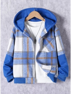 Boys Plaid Patched Pocket Hooded Jacket Without Tee