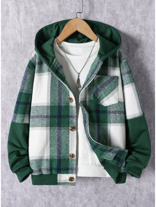 Shein Boys Plaid Patched Pocket Hooded Jacket Without Tee