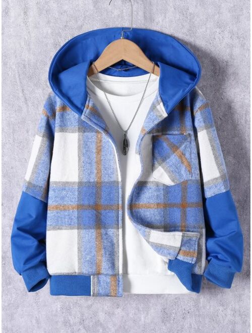 Shein Boys Plaid Patched Pocket Hooded Jacket Without Tee