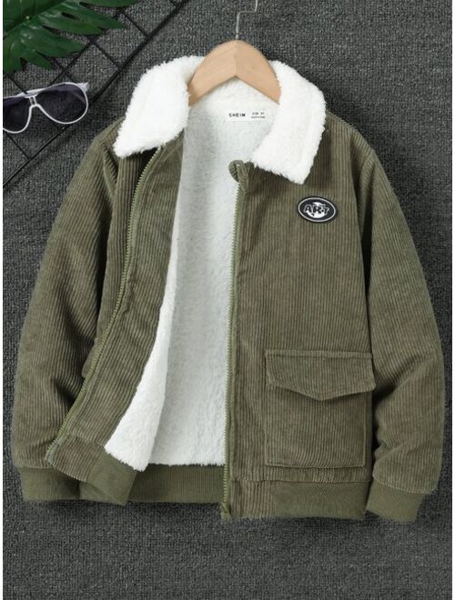 Shein Boys Letter Patched Detail Borg Collar Teddy Lined Jacket