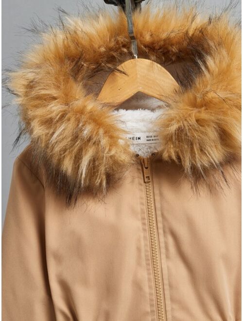 SHEIN Boys Drawstring Waist Fuzzy Trim Hooded Thermal Lined Parka Coat