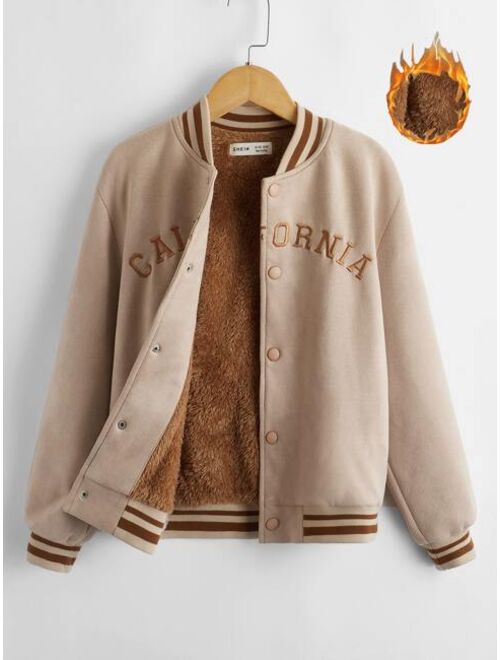 SHEIN Boys Letter Embroidery Contrast Trim Teddy Lined Varsity Jacket