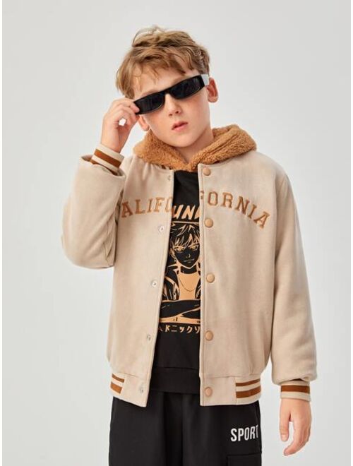 SHEIN Boys Letter Embroidery Contrast Trim Teddy Lined Varsity Jacket