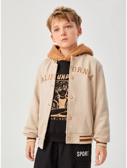 SHEIN Boys Letter Embroidery Contrast Trim Teddy Lined Varsity Jacket