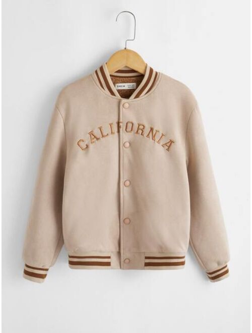 SHEIN Boys Letter Embroidery Contrast Trim Teddy Lined Varsity Jacket