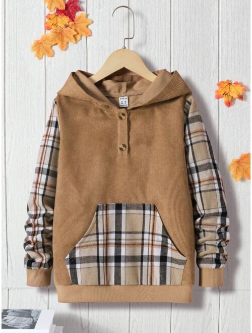 Shein Boys Plaid Print Kangaroo Pocket Hoodie