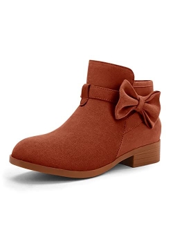 JOYCHEER Girls Ankle Boots Low Stacked Heel Bow Tie Dress Booties Kid Zipper Side Faux Chelsea Shoes