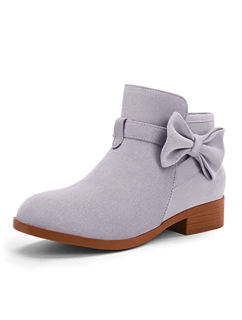 JOYCHEER Girls Ankle Boots Low Stacked Heel Bow Tie Dress Booties Kid Zipper Side Faux Chelsea Shoes