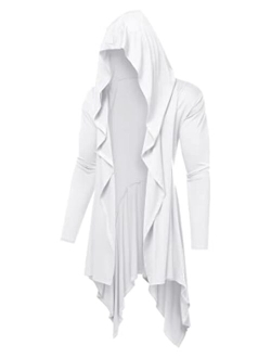 Long Hooded Cardigan Ruffle Shawl Collar Open Front Lightweight Drape Cape Overcoat with Pockets