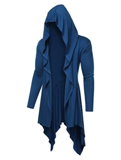 Long Hooded Cardigan Ruffle Shawl Collar Open Front Lightweight Drape Cape Overcoat with Pockets