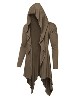 Long Hooded Cardigan Ruffle Shawl Collar Open Front Lightweight Drape Cape Overcoat with Pockets