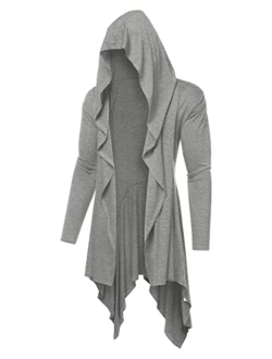 Long Hooded Cardigan Ruffle Shawl Collar Open Front Lightweight Drape Cape Overcoat with Pockets