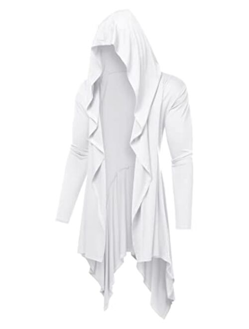 COOFANDY Long Hooded Cardigan Ruffle Shawl Collar Open Front Lightweight Drape Cape Overcoat with Pockets