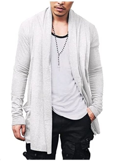 Men's Ruffle Shawl Collar Cardigan Open Front Lightweight Long Length Drape Cape Overcoat with Pockets