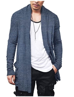 Men's Ruffle Shawl Collar Cardigan Open Front Lightweight Long Length Drape Cape Overcoat with Pockets