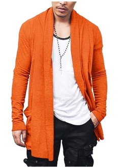 Men's Ruffle Shawl Collar Cardigan Open Front Lightweight Long Length Drape Cape Overcoat with Pockets