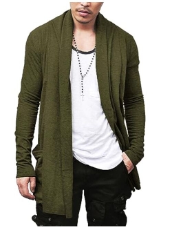 Men's Ruffle Shawl Collar Cardigan Open Front Lightweight Long Length Drape Cape Overcoat with Pockets