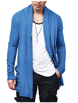 Men's Ruffle Shawl Collar Cardigan Open Front Lightweight Long Length Drape Cape Overcoat with Pockets