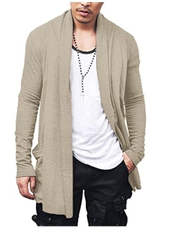 Men's Ruffle Shawl Collar Cardigan Open Front Lightweight Long Length Drape Cape Overcoat with Pockets