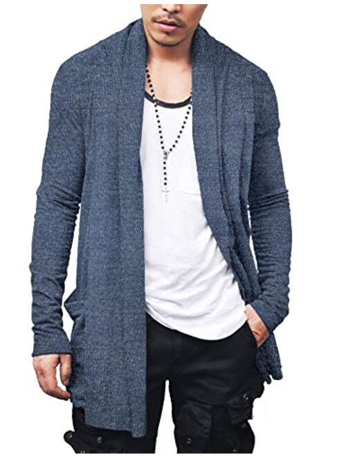 COOFANDY Men's Ruffle Shawl Collar Cardigan Open Front Lightweight Long Length Drape Cape Overcoat with Pockets