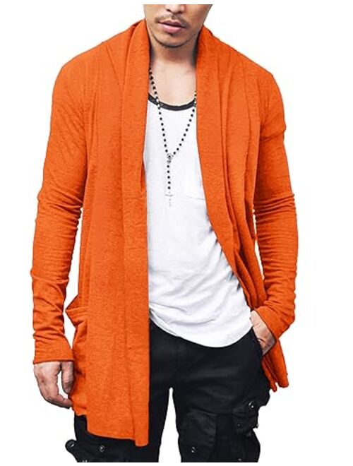 COOFANDY Men's Ruffle Shawl Collar Cardigan Open Front Lightweight Long Length Drape Cape Overcoat with Pockets