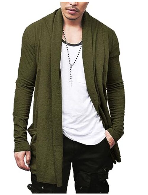 COOFANDY Men's Ruffle Shawl Collar Cardigan Open Front Lightweight Long Length Drape Cape Overcoat with Pockets