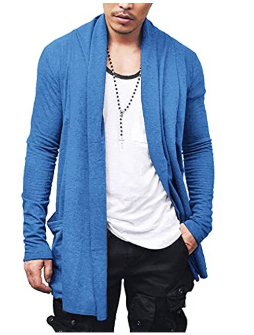 COOFANDY Men's Ruffle Shawl Collar Cardigan Open Front Lightweight Long Length Drape Cape Overcoat with Pockets