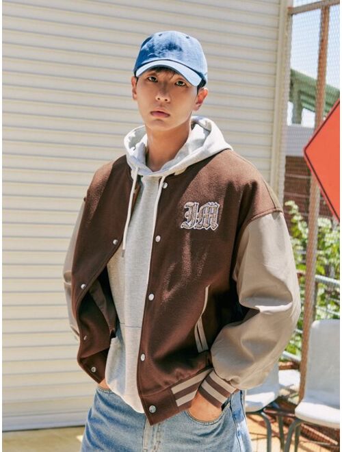 DAZY Men Letter Graphic Color Block Drop Shoulder Wool-Mix Varsity Jacket