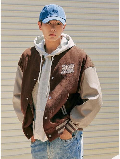 DAZY Men Letter Graphic Color Block Drop Shoulder Wool-Mix Varsity Jacket