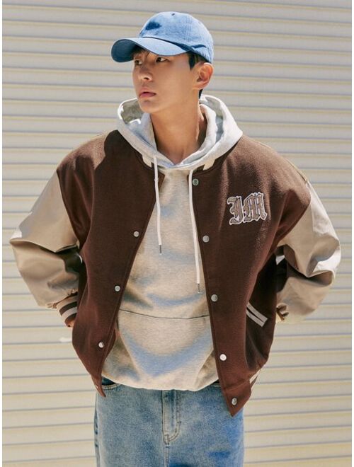 DAZY Men Letter Graphic Color Block Drop Shoulder Wool-Mix Varsity Jacket