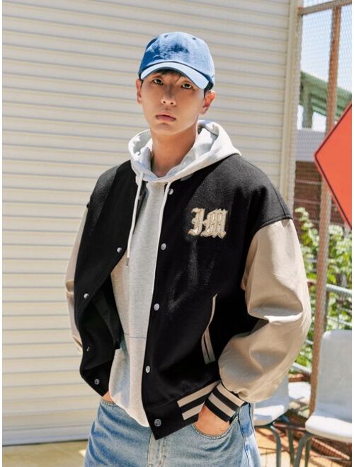 DAZY Men Letter Graphic Color Block Drop Shoulder Wool-Mix Varsity Jacket