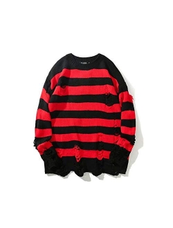 HANGJIA Black Red Striped Sweaters Men Oversized Ripped Hole Knit Pullover Autumn Winter Fashion Long Sleeve Clothing