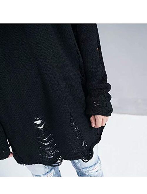 HANGJIA Black Red Striped Sweaters Men Oversized Ripped Hole Knit Pullover Autumn Winter Fashion Long Sleeve Clothing