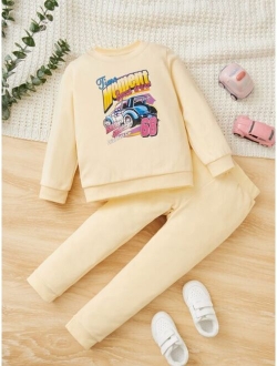 Toddler Girls Car And Letter Graphic Sweatshirt & Sweatpants