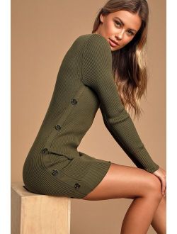 Snowed In Olive Green Side-Button Sweater Dress