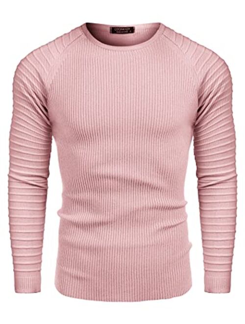 COOFANDY Men's Cable Knit Sweater Crew Neck Long Sleeve Stripe Pullover