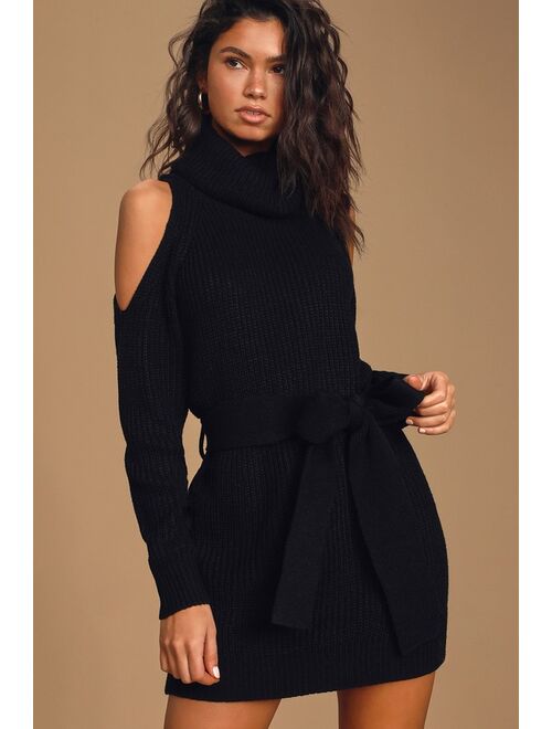 Lulus Sweet Demeanor Black Turtleneck Cold-Shoulder Sweater Dress