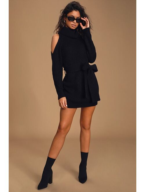 Lulus Sweet Demeanor Black Turtleneck Cold-Shoulder Sweater Dress