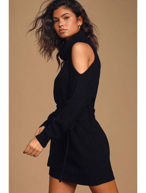 Lulus Sweet Demeanor Black Turtleneck Cold-Shoulder Sweater Dress