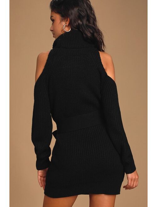 Lulus Sweet Demeanor Black Turtleneck Cold-Shoulder Sweater Dress