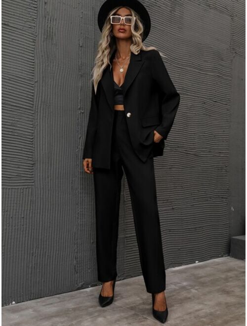 Shein Single Button Lapel Collar Blazer & Tailored Pants