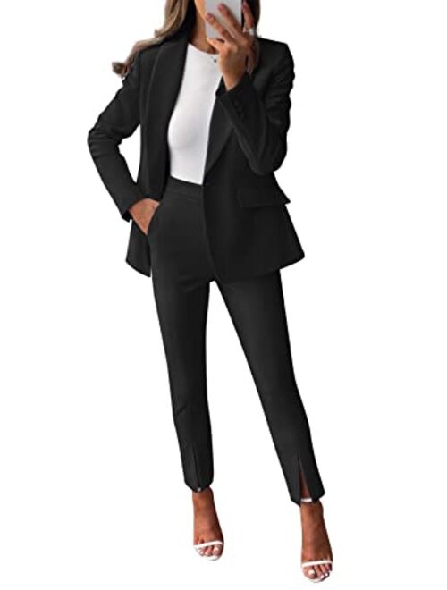 Mafulus Women's Business Suit Set Lady Long Sleeve Single Breasted Open Front Office Blazer Split Front Pants Two Piece Outfits