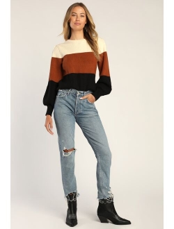 Open Book Cream Color Block Balloon Sleeve Sweater