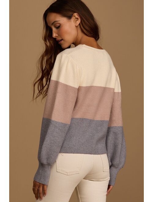 Lulus Open Book Cream Color Block Balloon Sleeve Sweater