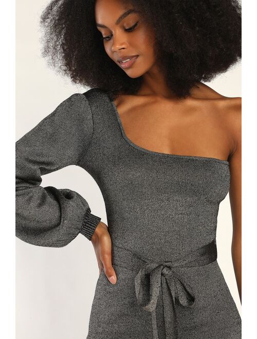 Lulus Cozy Glam Silver Metallic One-Shoulder Sweater Dress