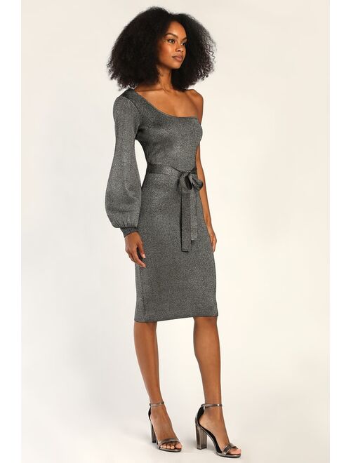 Lulus Cozy Glam Silver Metallic One-Shoulder Sweater Dress